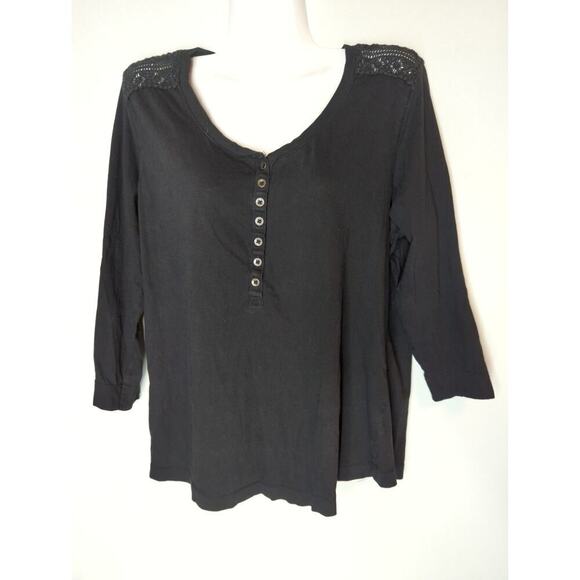 LRL Lauren Jeans Black Lace insert V-Neck Cotton Career Workwear Blouse Size L - Picture 1 of 7